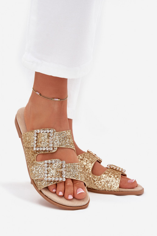 Shiny embellished flip flops with buckles on flat heel gold Tovira Shiny embellished flip flops with buckles on flat heel gold Tovira