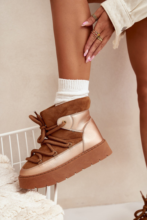 Low Women s Snow Boots Lined With Fur And Thick Laces Camel Xarina