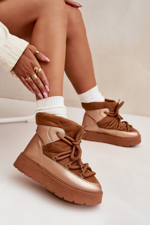 Low Women s Snow Boots Lined With Fur And Thick Laces Camel Xarina