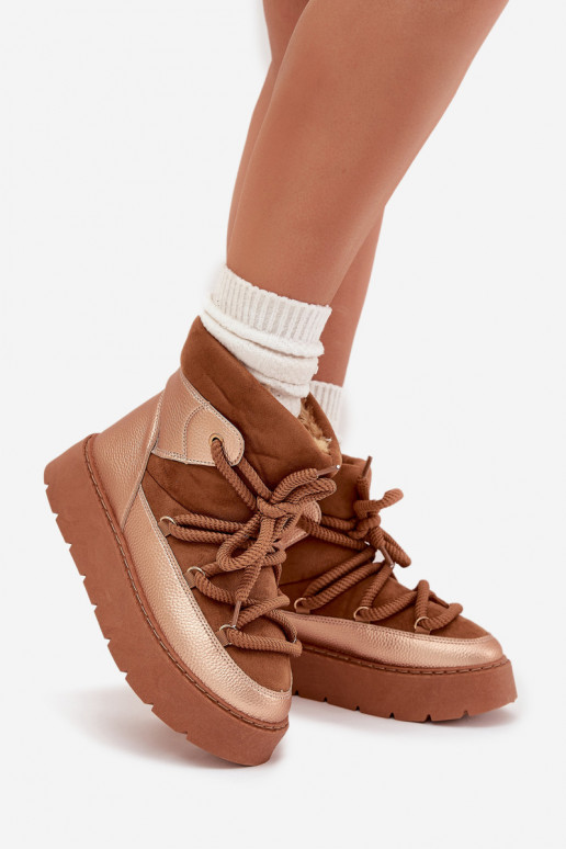 Low Women s Snow Boots Lined With Fur And Thick Laces Camel Xarina