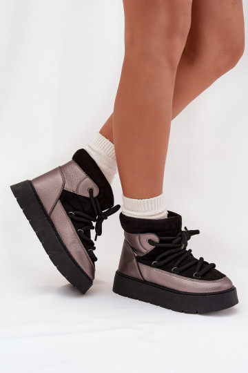 Low Women's Snow Boots Insulated With Fur With Thick Lacing Black Xarina