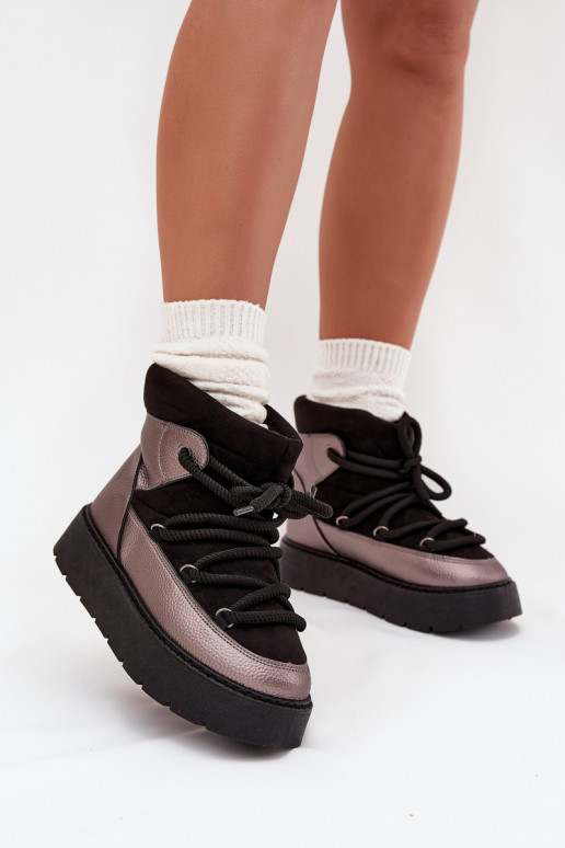 Niskie Śniegowce Damskie Ocieplane FuterkiemwithGrubym Wiązaniem Czarne Xarina