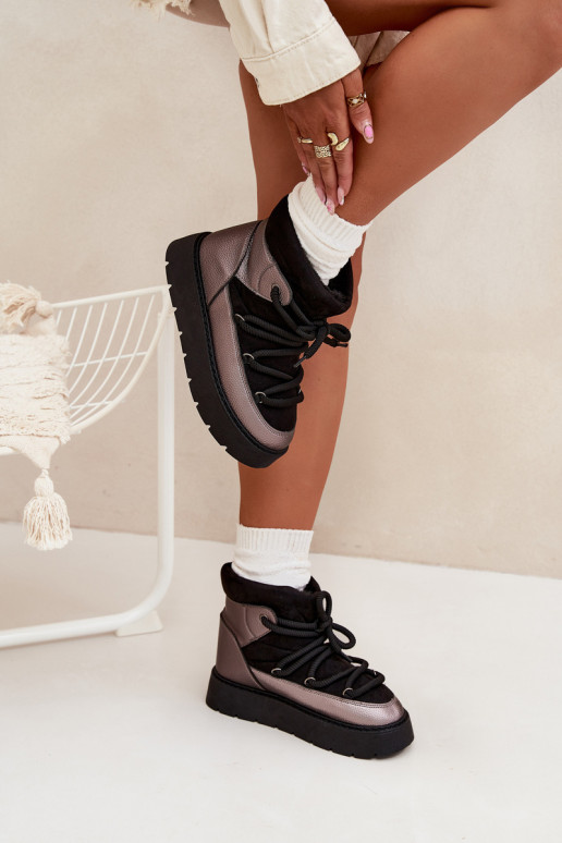 Niskie Śniegowce Damskie Ocieplane FuterkiemwithGrubym Wiązaniem Czarne Xarina