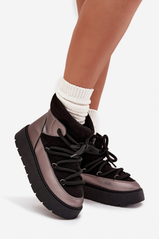 Low Women's Snow Boots Insulated With Fur With Thick Lacing Black Xarina