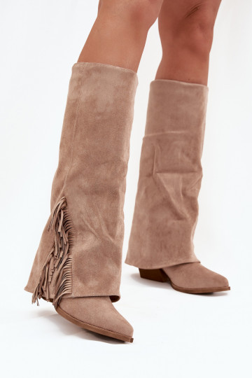 Ladies Slip-On Cowboy Boots With Heel And Fringes Beige Zalia