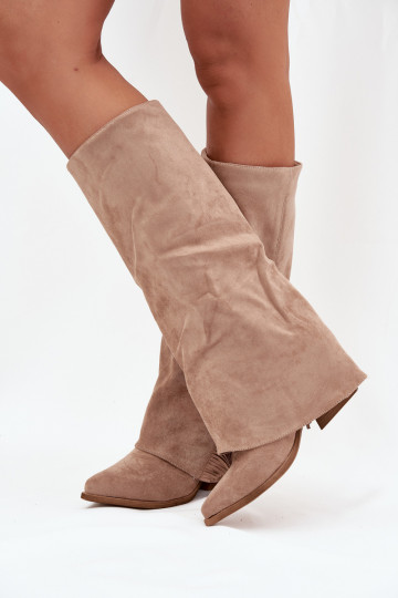 Ladies Slip-On Cowboy Boots With Heel And Fringes Beige Zalia 2