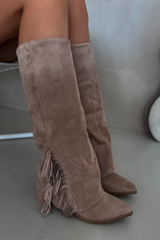 Ladies Slip-On Cowboy Boots With Heel And Fringes Beige Zalia Ladies Slip-On Cowboy Boots With Heel And Fringes Beige Zalia