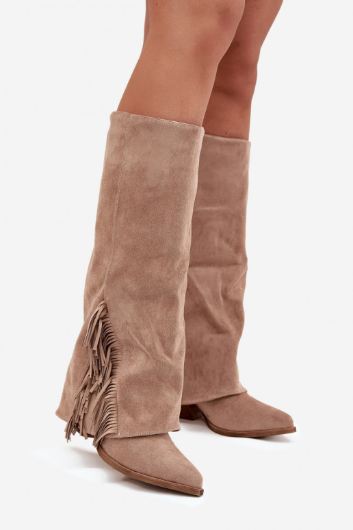Ladies Slip-On Cowboy Boots With Heel And Fringes Beige Zalia Ladies Slip-On Cowboy Boots With Heel And Fringes Beige Zalia
