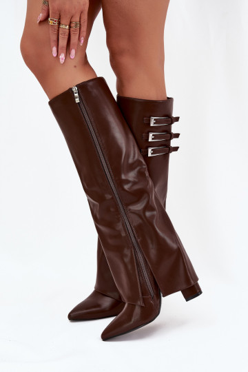 Women's Heeled Boots Turned Shaft Straps With Buckles Chocolate Nirisa 2