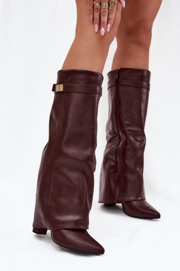 Women's Ankle Boots With Block Heel Rolled Down Shaft And Gold Detail Burgundy Diorna