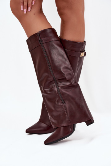 Women's Ankle Boots With Block Heel Rolled Down Shaft And Gold Detail Burgundy Diorna 2