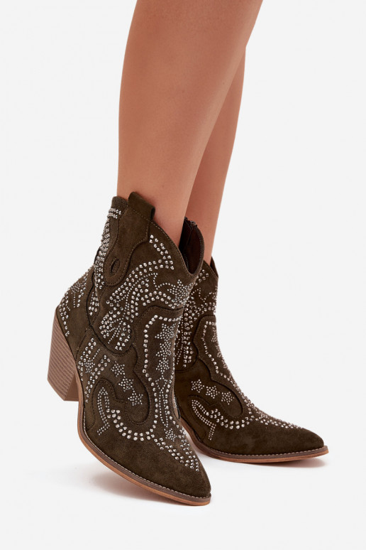 Insulated Women Cowboy Boots With Decoration Dark Green Lelira