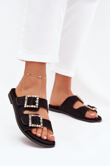 Slides With Buckles On Flat Heel Black Tovira 2