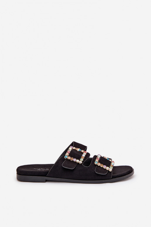 Slides With Buckles On Flat Heel Black Tovira Slides With Buckles On Flat Heel Black Tovira