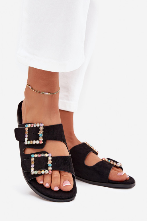 Slides With Buckles On Flat Heel Black Tovira Slides With Buckles On Flat Heel Black Tovira