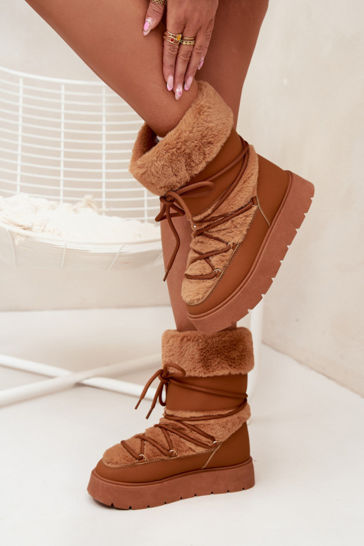 Women's Snow Boots With Fur And Lacing On A Platform Camel Marinna