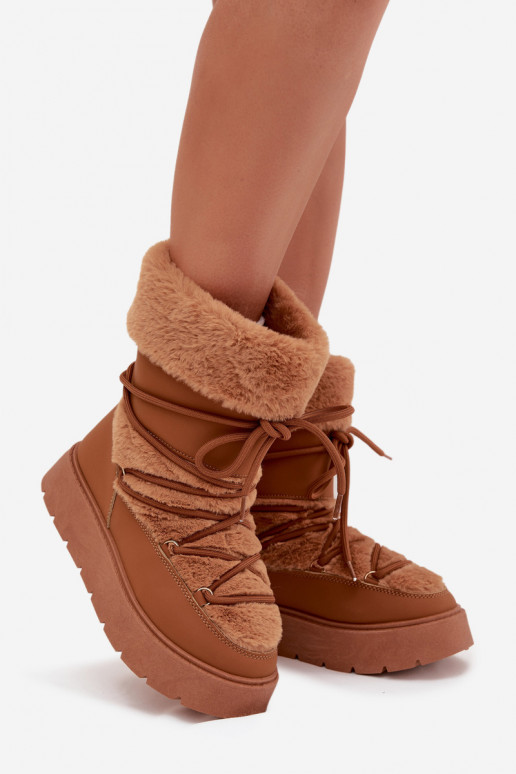 Women's Snow Boots With Fur And Lacing On A Platform Camel Marinna