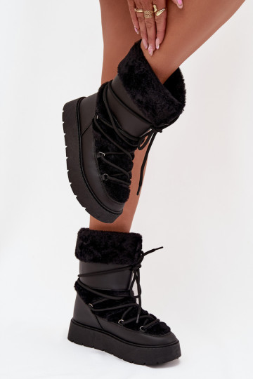 Women's Snow Boots With Fur And Lacing On Platform Black Marinna