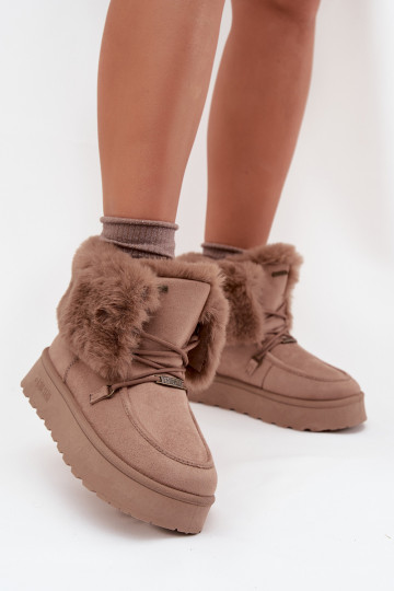 Ladies Snow Boots On Platform With Fur And Lacing Big Star SS274114 Beige