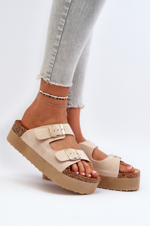 Women's Platform Sandals with Buckles Beige Lolpey