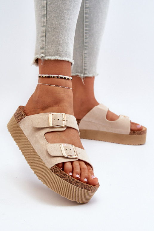 Women's Platform Sandals with Buckles Beige Lolpey