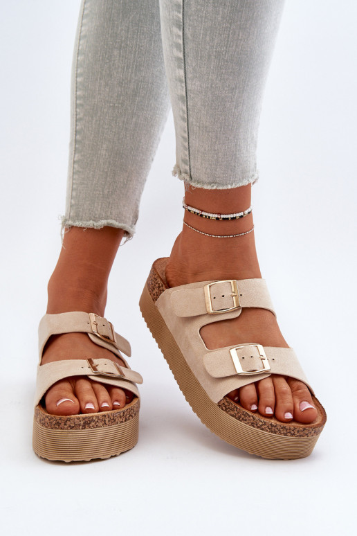 Women's Platform Sandals with Buckles Beige Lolpey