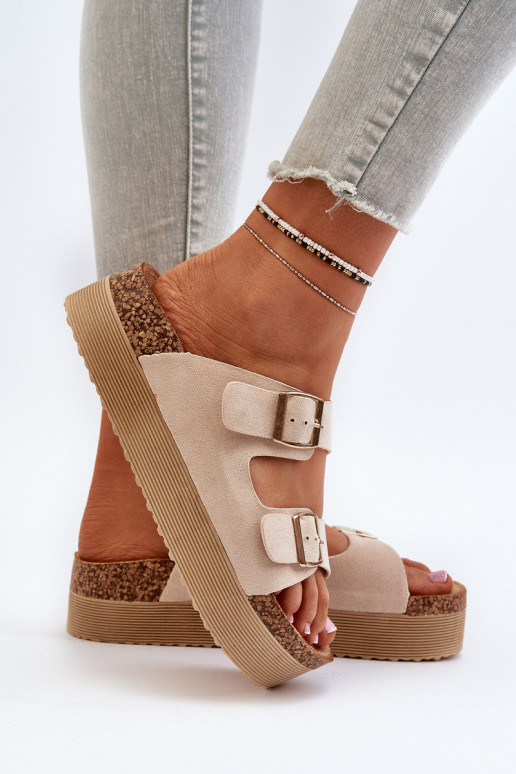 Women's Platform Sandals with Buckles Beige Lolpey