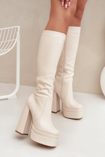 Warm women's ankle boots on a heel and platform light beige Lysara