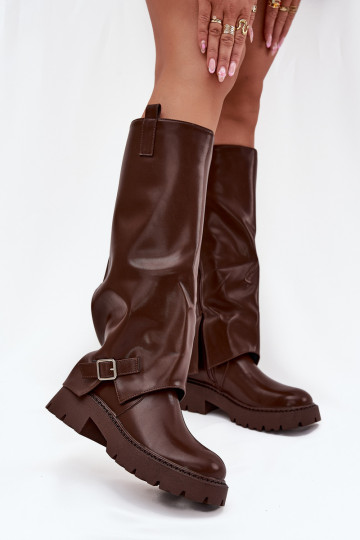 Insulated boots with rolled shaft and buckle chocolate Fiorae