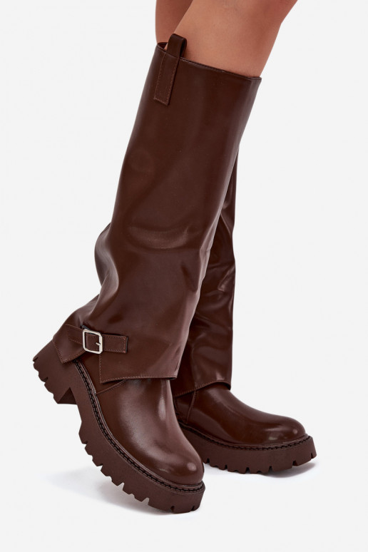 Insulated boots with rolled shaft and buckle chocolate Fiorae