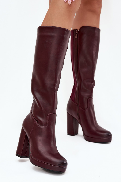 Women Knee High Boots On Heels Eco Leather Burgundy Thalina Women Knee High Boots On Heels Eco Leather Burgundy Thalina