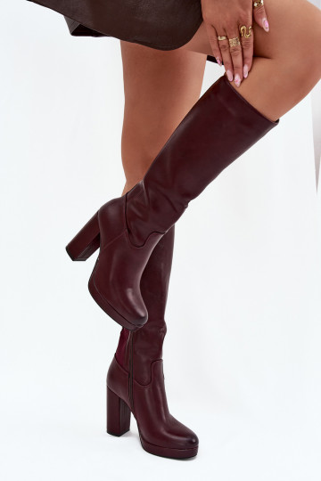 Women Knee High Boots On Heels Eco Leather Burgundy Thalina 2