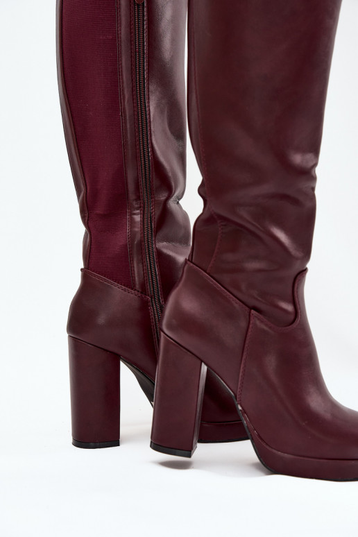 Women Knee High Boots On Heels Eco Leather Burgundy Thalina Women Knee High Boots On Heels Eco Leather Burgundy Thalina