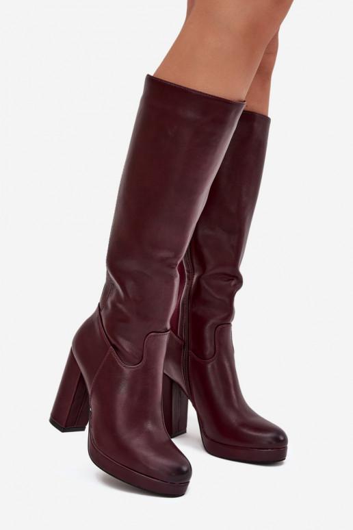 Women Knee High Boots On Heels Eco Leather Burgundy Thalina Women Knee High Boots On Heels Eco Leather Burgundy Thalina