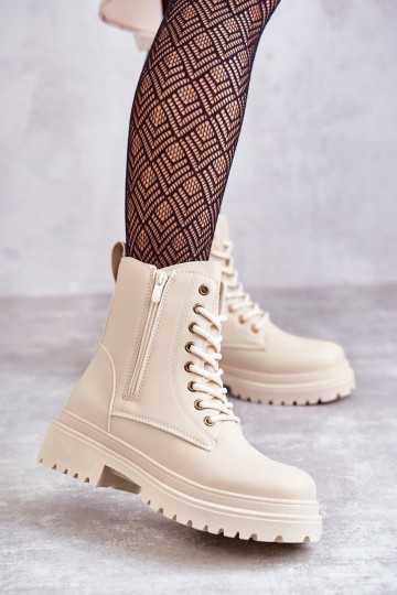 Damskie Skórzane Botki Ocieplane Jasnobeżowe Dorchen