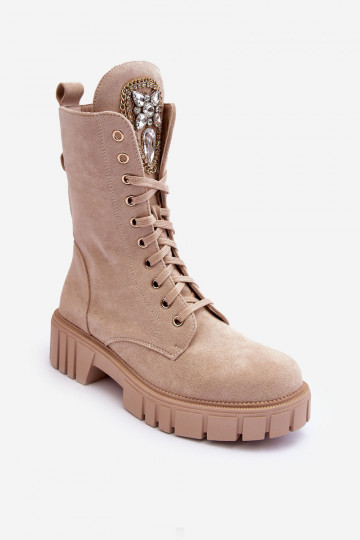 Leather Boots Workery With Jewellery Decoration Beige Marx