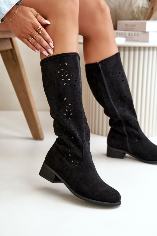 Women's Suede Boots with Lacing Black Tanive