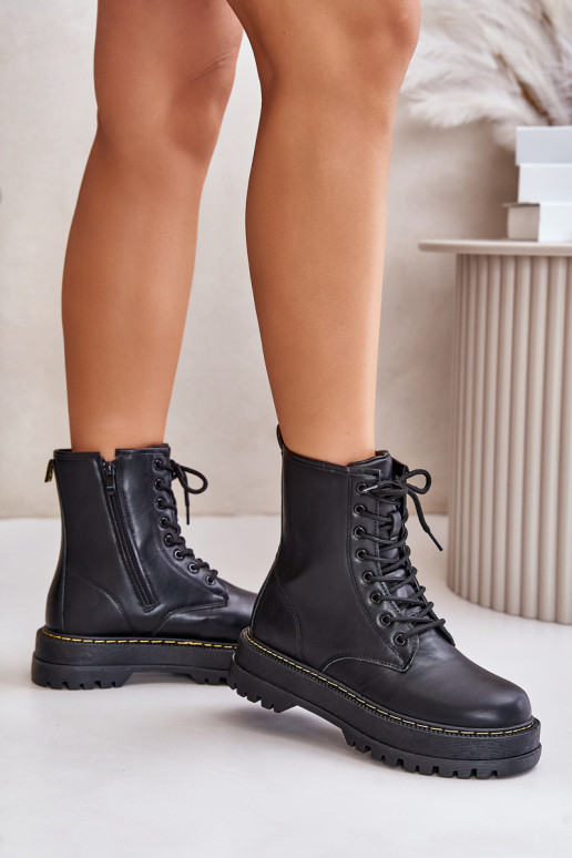 Warm Ankle Boots Workers Made of Eco Leather with Zipper Black Naleli