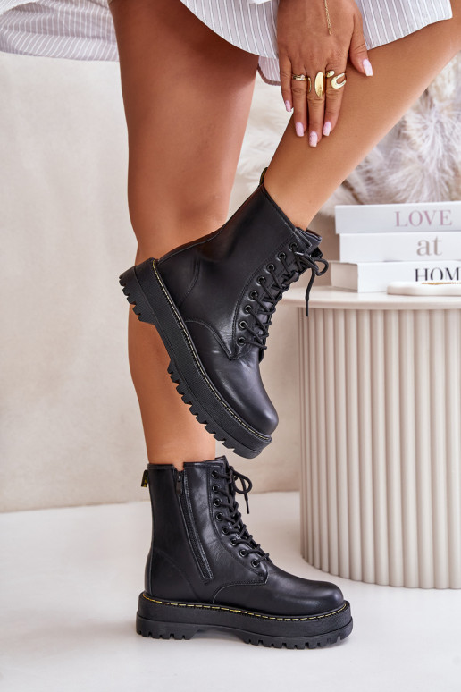 Warm Ankle Boots Workers Made of Eco Leather with Zipper Black Naleli
