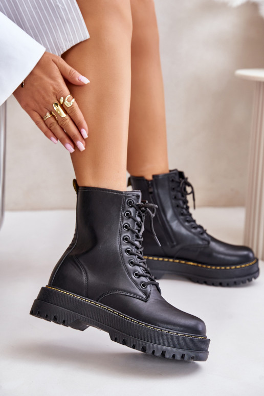 Warm Ankle Boots Workers Made of Eco Leather with Zipper Black Naleli