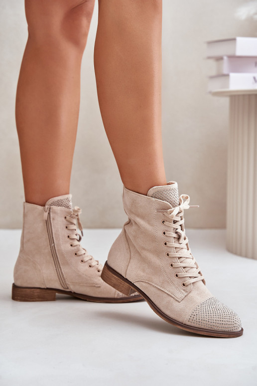 Decorated Flat Heel Boots Eco Suede Insulated Light Beige Ellieo Decorated Flat Heel Boots Eco Suede Insulated Light Beige Ellieo