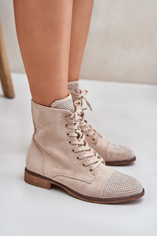 Decorated Flat Heel Boots Eco Suede Insulated Light Beige Ellieo Decorated Flat Heel Boots Eco Suede Insulated Light Beige Ellieo