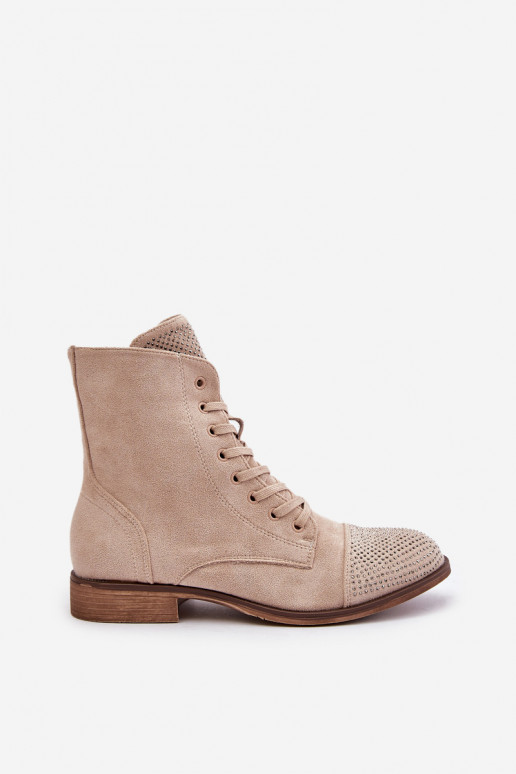 Decorated Flat Heel Boots Eco Suede Insulated Light Beige Ellieo Decorated Flat Heel Boots Eco Suede Insulated Light Beige Ellieo