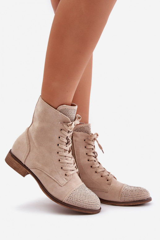 Decorated Flat Heel Boots Eco Suede Insulated Light Beige Ellieo Decorated Flat Heel Boots Eco Suede Insulated Light Beige Ellieo