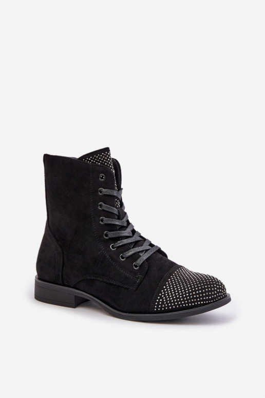 Embellished ankle boots with flat heel eco suede insulated black Ellieo Embellished ankle boots with flat heel eco suede insulated black Ellieo