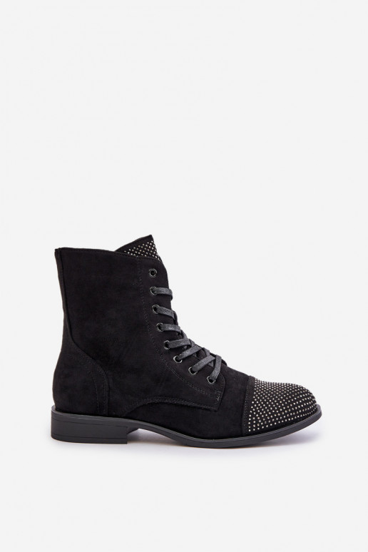 Embellished ankle boots with flat heel eco suede insulated black Ellieo Embellished ankle boots with flat heel eco suede insulated black Ellieo