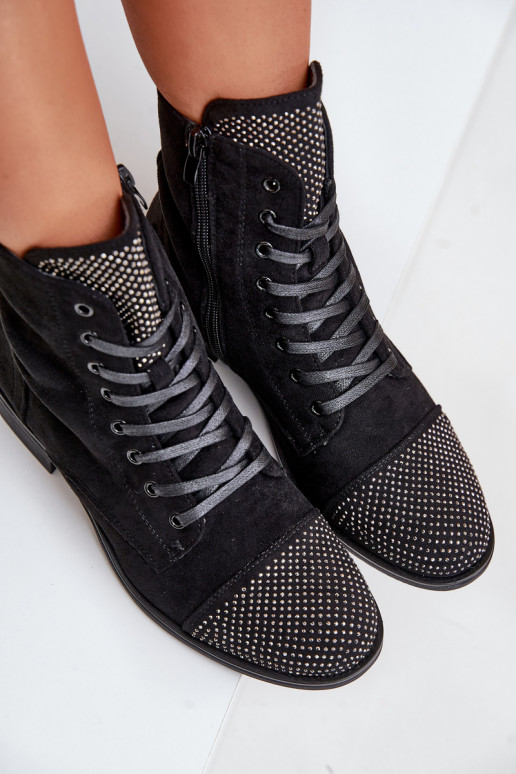 Embellished ankle boots with flat heel eco suede insulated black Ellieo Embellished ankle boots with flat heel eco suede insulated black Ellieo