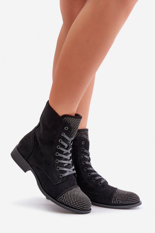 Embellished ankle boots with flat heel eco suede insulated black Ellieo Embellished ankle boots with flat heel eco suede insulated black Ellieo