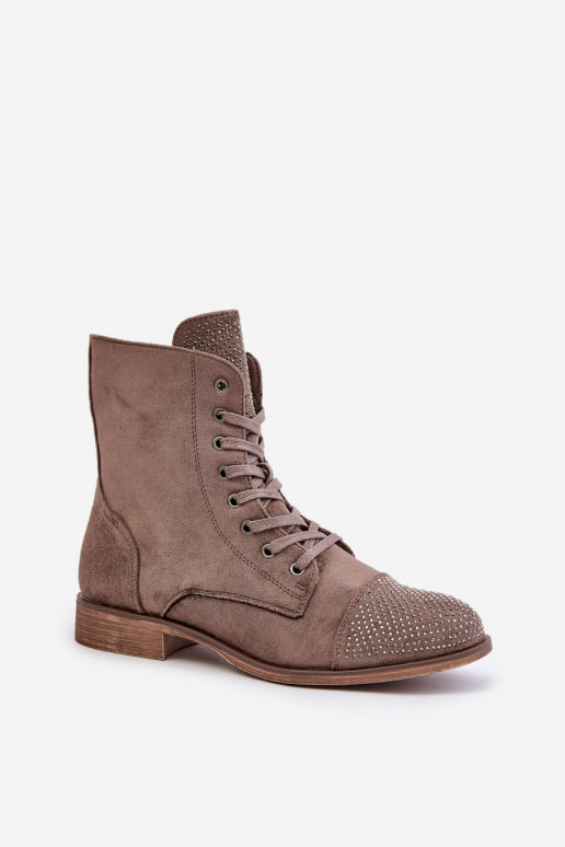 Decorated ankle boots on flat heels eco suede insulated brown Ellieo Decorated ankle boots on flat heels eco suede insulated brown Ellieo
