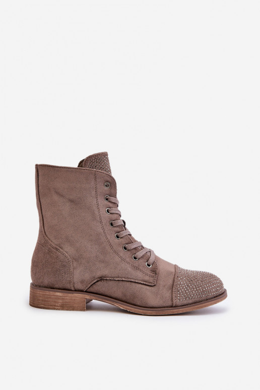 Decorated ankle boots on flat heels eco suede insulated brown Ellieo Decorated ankle boots on flat heels eco suede insulated brown Ellieo